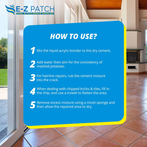 Instructions for using Saltillo Tile Repair Kit on tiled floor, focusing on terra cotta tile filler in red brown for DIY fixes.