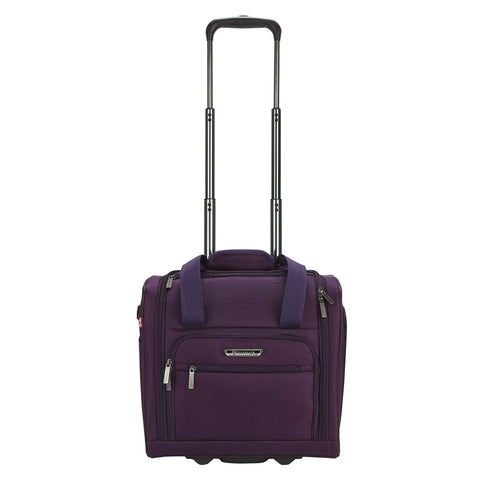 Front view of Underseat Carry-On Set 15 Inch Purple Roller Bag With USB Charging Port, Smooth Inline Skate Wheels, Durable 1680D Polyester Build