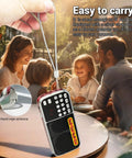 Pocket Size AM FM Radio With 1200mAh Battery For All Day Power, USB Flash Drive And Micro SD MP3 Playback shown with family