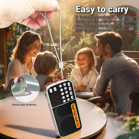 Pocket Size AM FM Radio With 1200mAh Battery For All Day Power, USB Flash Drive And Micro SD MP3 Playback shown with family
