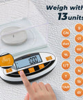 Pro Grade 500g Analytical Balance With 0.001g Readability Digital Lab Scale, windshield, showing 13 unit conversions