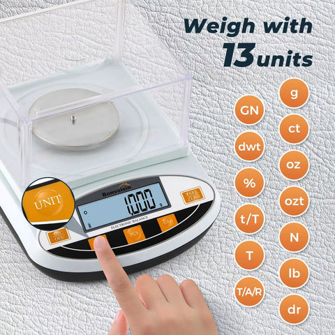 Pro Grade 500g Analytical Balance With 0.001g Readability Digital Lab Scale, windshield, showing 13 unit conversions
