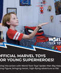 Child playing with Marvel Spider Man Big Head Helicopter Toy With Motion Sensing Flight in bedroom setting, toy in motion.