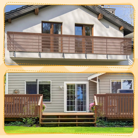 Two Pack Brown Baby Banister Guard Net For Stairs And Balconies installed on upper balcony and lower deck railing.