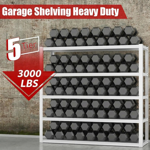 Heavy Duty 3000 Lbs Garage Shelving Unit, 5 Tier Adjustable Metal Shelves, Industrial Storage Rack, 48 W x 24 D x 72 H Inches, White Finish, Ideal for Tools, Auto Shop, Workshop, and Garage Organization front view