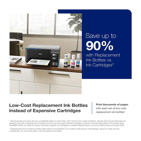 EcoTank ET 2400 Wireless Color All In One Cartridge Free Supertank Printer with ink bottles on a desk
