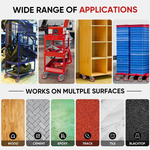 Image showcasing Heavy Duty 5 Inch Swivel Casters Set Of Four With Cast Iron Core and Polyurethane Tread on various surfaces.