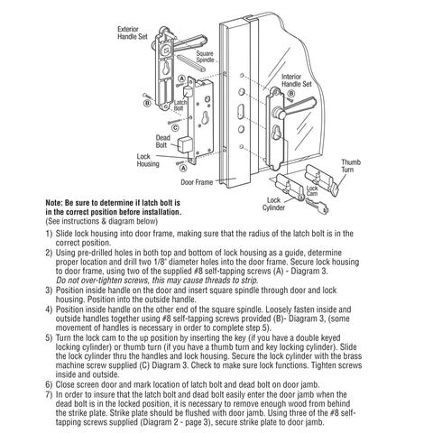 Diagram showing installation for K 5092 Steel and Diecast Security Door Heavy-Duty Keyed-Locking Mortise Handle Set for Security Screen Doors
