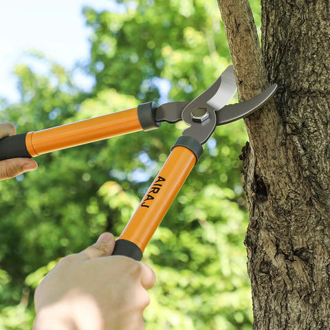 Bypass Garden Loppers For Pruning, 16 Inch Shears With SK5 High Carbon Steel Blades cutting a branch, rubber grips visible.