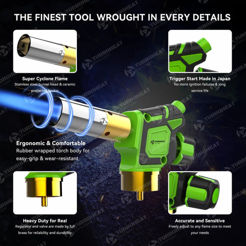 Beefy Pro Grade Flame Torch Head With Igniter For Propane And MAPP Gas Tanks, ergonomic green handle, blue flame visible
