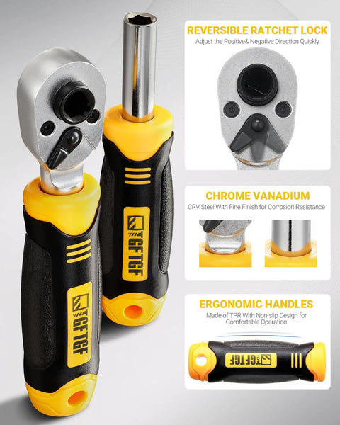 Close-up of reversible ratcheting wrench with ergonomic handles from 78 PCS Precision Screwdriver Set All In One With Socket Bits.