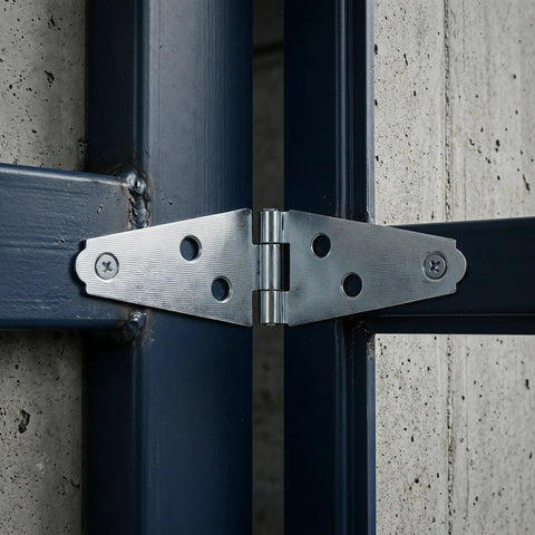Heavy Duty 6 Pack T Hinges With Mounting Screws For Barn Doors And Gates on a blue metal gate, showcasing durable steel material.