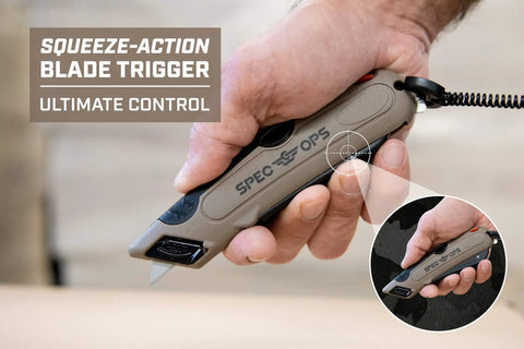 Self Retracting Box Cutter With Radius Tip Blade And Adjustable Depth, Dual Edge Guides For Quick Top Cuts, Includes Holster And Lanyard, Workhorse Ergonomic Safety Knife For Warehouse Cardboard Cutting, Built In Spare Blade Storage, handheld view