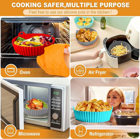 Round 8 Inch Silicone Air Fryer Liners 2 Pack Red And Cyan Nonstick Reusable Heat Resistant Dishwasher Safe For 3 Qt To 6 Qt Fryers Fits Most Brands Great For Any Countertop Setup shown in oven, air fryer, microwave, refrigerator