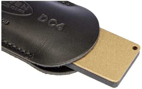 DC4 Diamond Ceramic Whetstone Sharpener For Knives, Pocket Sized With Leather Sheath, Gold edge peeking out from black leather cover
