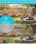 1.4W Solar Bird Bath Fountain Pump With Upgraded Panels Floating Solar Fountain for Bird Bath Ponds Garden Fish Tank Outdoor Water Features energy efficient no batteries needed, shown in garden setting with sunlight and fountain spray.