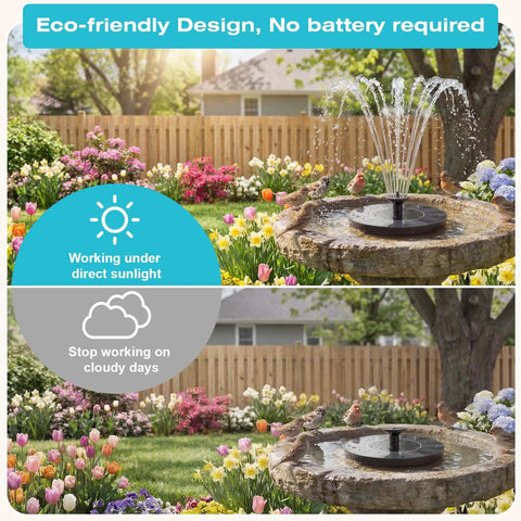 1.4W Solar Bird Bath Fountain Pump With Upgraded Panels Floating Solar Fountain for Bird Bath Ponds Garden Fish Tank Outdoor Water Features energy efficient no batteries needed, shown in garden setting with sunlight and fountain spray.