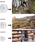 Diagram of F180/R180, F160/R160, F140/R140 disc brake sizes with cyclists riding mountain bikes and scooters