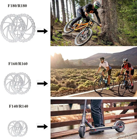 Diagram of F180/R180, F160/R160, F140/R140 disc brake sizes with cyclists riding mountain bikes and scooters
