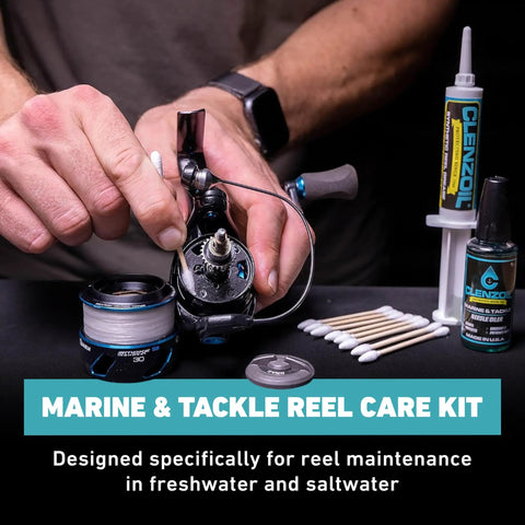 Person using Marine Reel Care Kit with oil and grease for freshwater and saltwater reels, including syringe, oiler, and swabs