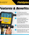 Wireless 4-Port SMAN Refrigerant Manifold With Vacuum Gauge for HVAC and Refrigeration Diagnostics, Digital Gauges With Micron Readout, Pro-Grade Precision for Low and High Pressure, Superheat and Subcooling, Remote Monitoring Ready for Pros. Fieldpiece SM482V display