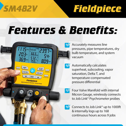 Wireless 4-Port SMAN Refrigerant Manifold With Vacuum Gauge for HVAC and Refrigeration Diagnostics, Digital Gauges With Micron Readout, Pro-Grade Precision for Low and High Pressure, Superheat and Subcooling, Remote Monitoring Ready for Pros. Fieldpiece SM482V display