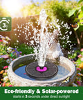 Powerful 3.5W Anti-Drift Solar Fountain for bird bath and pond, solar-powered pump with 7 nozzles in garden setting, black
