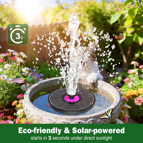 Powerful 3.5W Anti-Drift Solar Fountain for bird bath and pond, solar-powered pump with 7 nozzles in garden setting, black