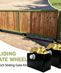 Heavy Duty 4 Inch Sliding Gate Rollers Kit 2 Pack With Welded Bracket And V Groove Wheels Solid Double Bearings 3000 Lb Load Capacity Easy Install For Garage Doors Metal Gates Pipe Fences And Fence Gates shown with gate