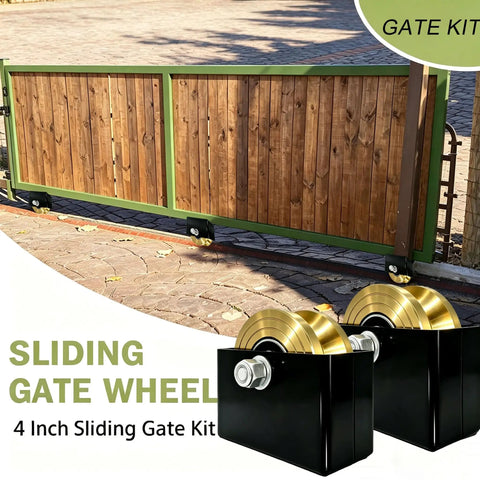 Heavy Duty 4 Inch Sliding Gate Rollers Kit 2 Pack With Welded Bracket And V Groove Wheels Solid Double Bearings 3000 Lb Load Capacity Easy Install For Garage Doors Metal Gates Pipe Fences And Fence Gates shown with gate