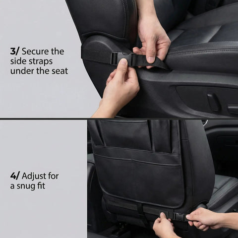 Securing and adjusting Backseat Car Organizer With 8 Large Pockets And Tablet Holder For Kids And Toddlers onto car seat