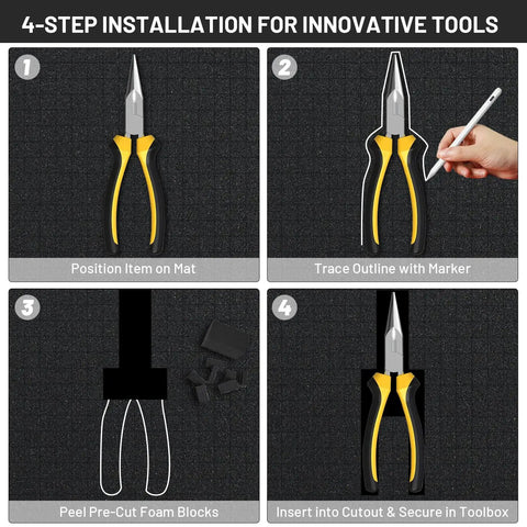4-step installation for Dual Thickness Foam Insert Kit For Tool Drawers And Game Cases And Collectible Displays, 4 Piece Set.