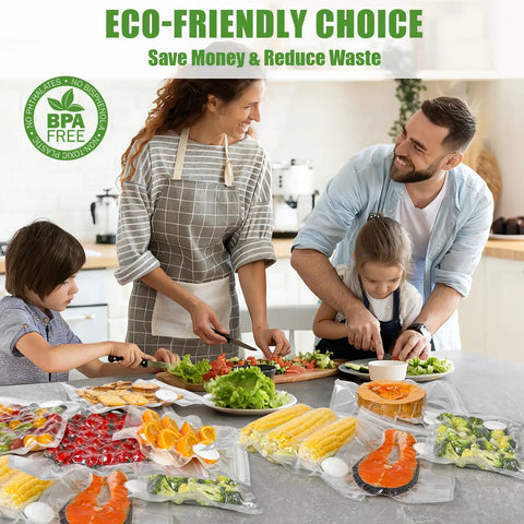 Family using 60 Pack Reusable Vacuum Sealer Bags BPA Free For Freezer Storage with fresh vegetables on kitchen counter.