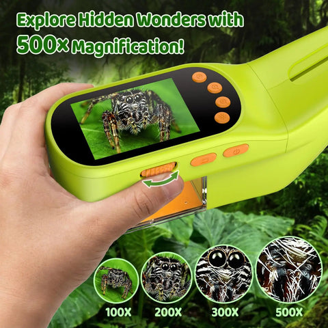 Kids Handheld Digital Microscope For Outdoor STEM Exploration With 2.4 Inch IPS Screen 500X Magnification Ergonomic Grip Photo Video Capture Bonus Tools Magnifier Science Kit Gift For Boys And Girls Aged 3 To 12 Kid Friendly Discovery Tool, green handheld microscope in use