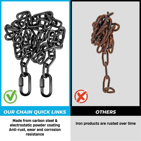 Comparison of our chain quick links made from anti-rust steel vs rusty iron chain links