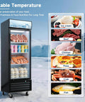 Heavy Duty Commercial Display Freezer Upright Single Glass Door Merchandiser filled with ice cream, meats, and seafood.