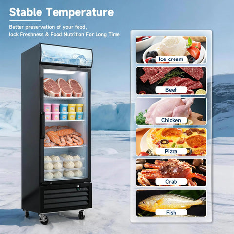 Heavy Duty Commercial Display Freezer Upright Single Glass Door Merchandiser filled with ice cream, meats, and seafood.
