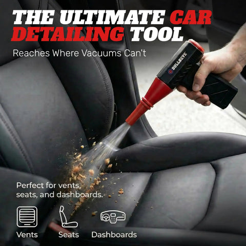 Powerful 130000 RPM Cordless Air Duster cleaning car seat with dual nozzles and reusable canister