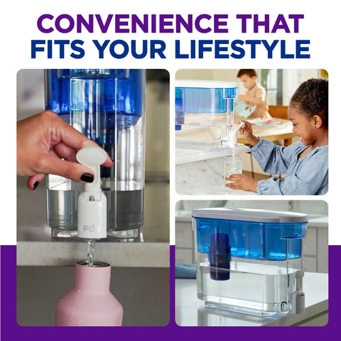 30 Cup Countertop Water Filter Dispenser With 2-In-1 Filtration, slim design, push spout in use, white and blue