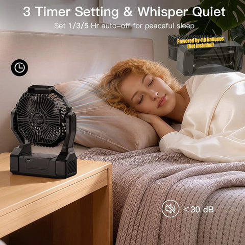 Battery Operated Fan For Camping And Outdoor Adventures 2 In 1 D Cell Battery And USB Powered Portable Fan next to sleeping person