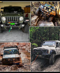 Collage of 4x4 SUVs and trucks in various off-road settings, highlighting the use of Three Eighth Inch Sixty Foot Synthetic Winch Rope With Dyneema Core 19,854 Lb Capacity Hook And Sleeve Protection Heavy Duty Tow Cable For 4x4 Off Road SUVs And Trucks Orange Slim.