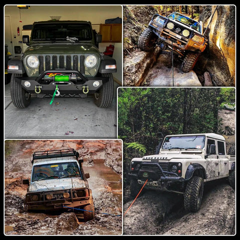 Collage of 4x4 SUVs and trucks in various off-road settings, highlighting the use of Three Eighth Inch Sixty Foot Synthetic Winch Rope With Dyneema Core 19,854 Lb Capacity Hook And Sleeve Protection Heavy Duty Tow Cable For 4x4 Off Road SUVs And Trucks Orange Slim.