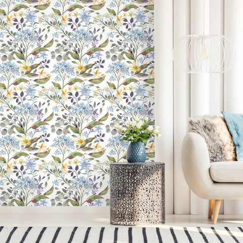 Room with Blue Hydrangea Floral Peel And Stick Wallpaper For Bathroom And Bedroom Vinyl Self Adhesive Wall Covering 17.7 Inch Wide