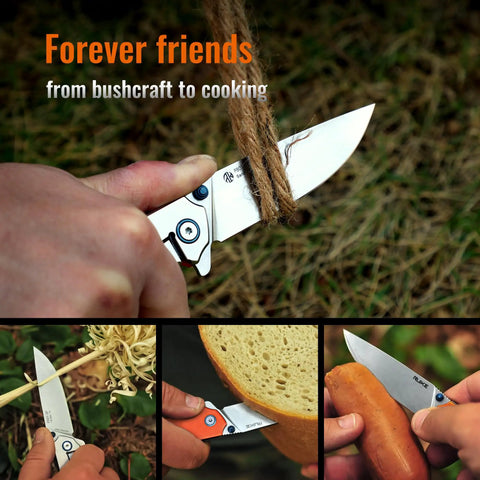 Your Go To Everyday Carry Folding Pocket Knife With 3.39 Inch 14C28N Blade, G10 Handle, cutting rope and bread outdoors