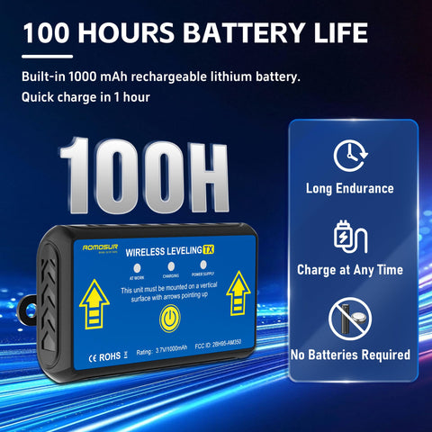Wireless RV Leveling System And Off Road Inclinometer with durable blue casing showcasing 100 hours battery life feature.