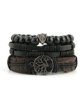 Genuine Leather Tree Of Life Bracelet For Men And Women Featuring A Dope Growth Symbol That Rocks With Any Fit Made Into A Hella Legit Gift For Birthdays Or Anniversary Dates stacked with black and brown braided straps.