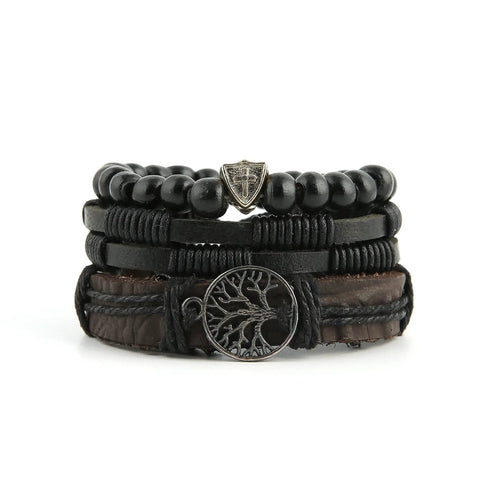 Genuine Leather Tree Of Life Bracelet For Men And Women Featuring A Dope Growth Symbol That Rocks With Any Fit Made Into A Hella Legit Gift For Birthdays Or Anniversary Dates stacked with black and brown braided straps.