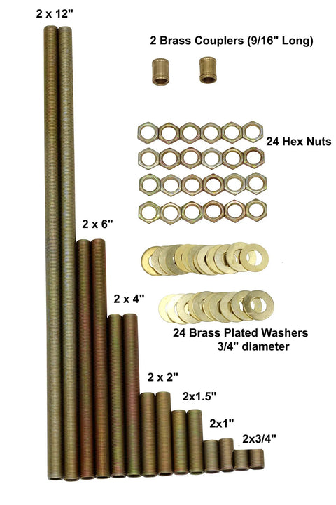 64 Piece Lamp Repair Hardware Set With 12 Inch All Thread Lamp Pipe Coupling Connectors Nipples Washers And Lock Nuts For Standard One Eighth Inch IP Lamp Parts Kit For Home DIY Lighting Repair, showcasing various brass rods, couplers, washers, and nuts.