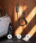 EV Charger Holder With 180 Degree Rotating Nozzle Dock mounted on wall with 50ft cable and steel j hook for SAE J1772 charger.