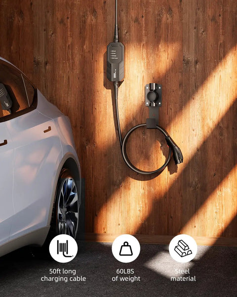 EV Charger Holder With 180 Degree Rotating Nozzle Dock mounted on wall with 50ft cable and steel j hook for SAE J1772 charger.